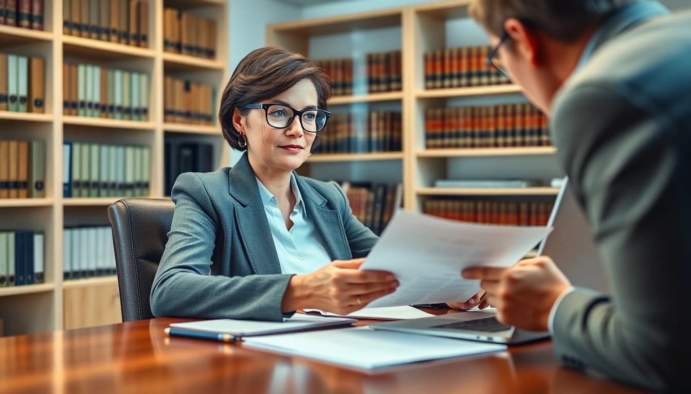 Engaging intellectual property lawyer consulting with a client in a professional office.