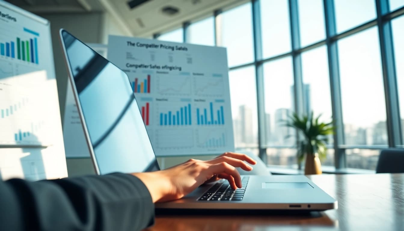 Analyze competitor pricing with a professional reviewing data in an office.