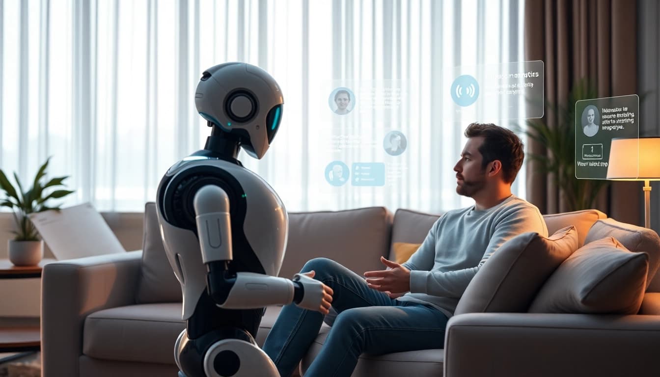 AI sex companionship scene with humanoid robot and human interaction in a modern living room.