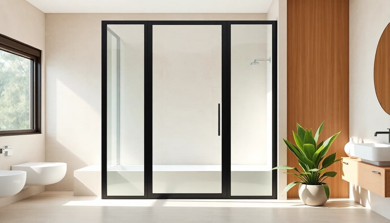 Admiring the elegance of a shower door black frame that enhances a modern bathroom's aesthetic appeal.