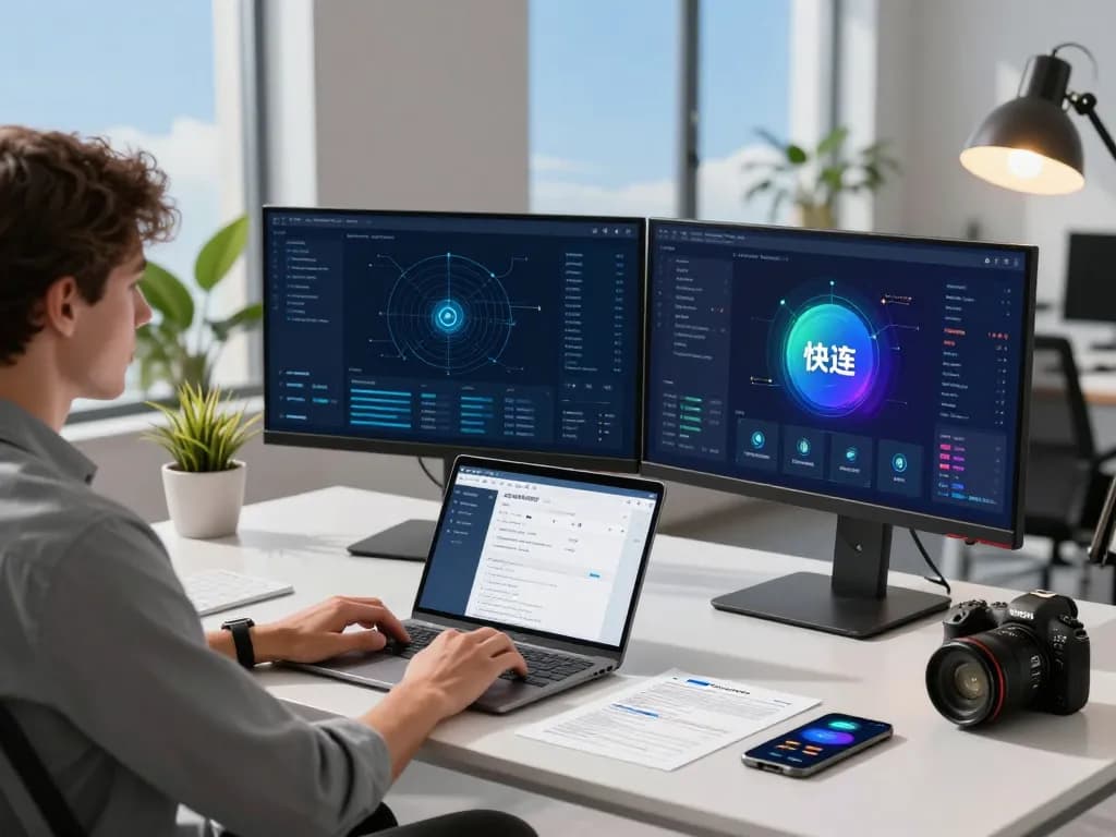 快连 network acceleration application displayed on dual monitors in a modern digital workspace.