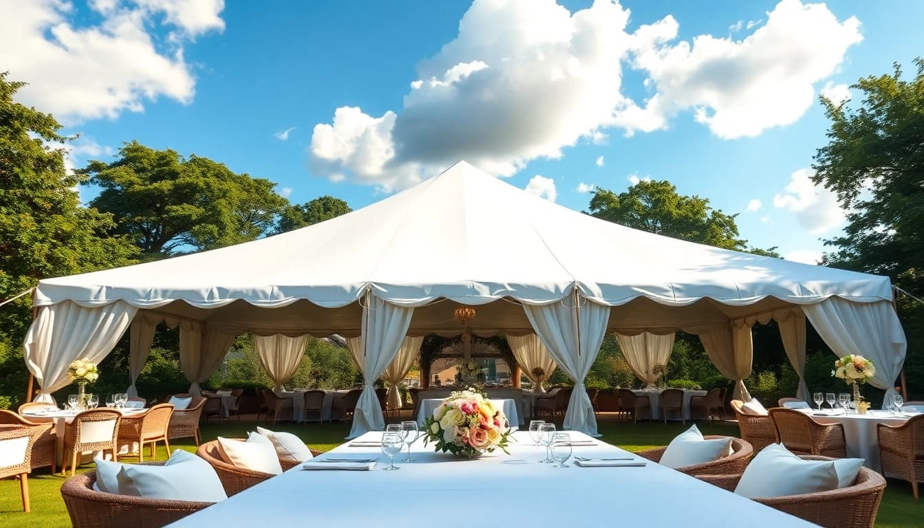Tent Rentals beautifully set up for a wedding with floral decor and greenery.
