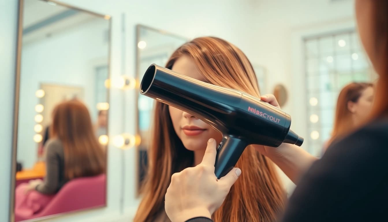 Stylist using a hair dryer for frizzy hair in a bright salon setting.