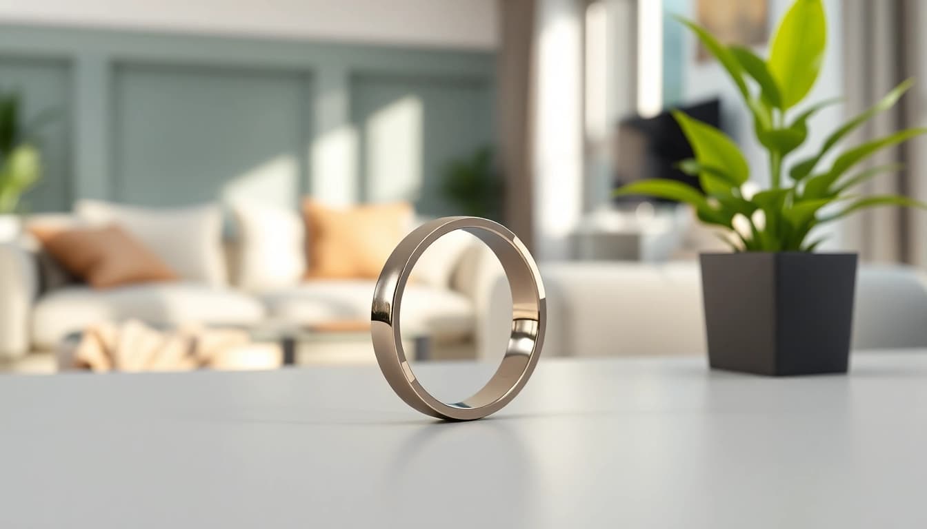 Showcasing a Smart Health Ring on a minimalist desk, emphasizing style and wellness.