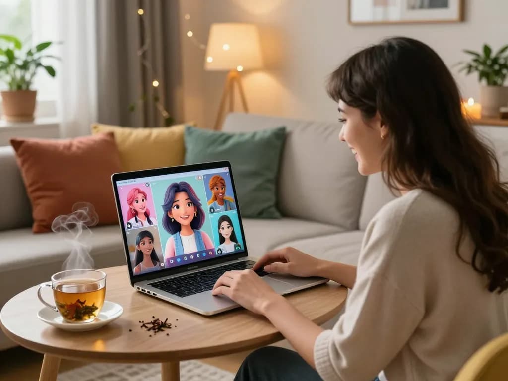 A joyful young woman interacts with her AI girlfriend on a laptop, showcasing the warmth of digital companionship.