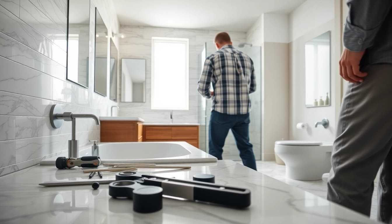 Skilled bathroom installers showcasing their craftsmanship in a modern bathroom setting.