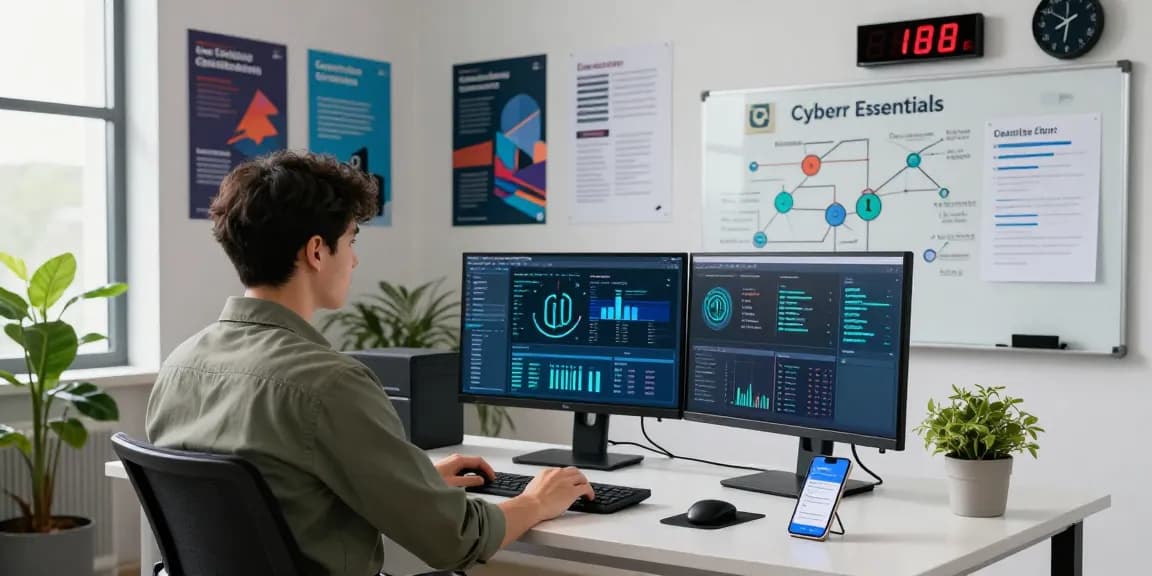 Cyber essentials certification workspace with analyst monitoring security metrics and compliance tasks in a vibrant office.