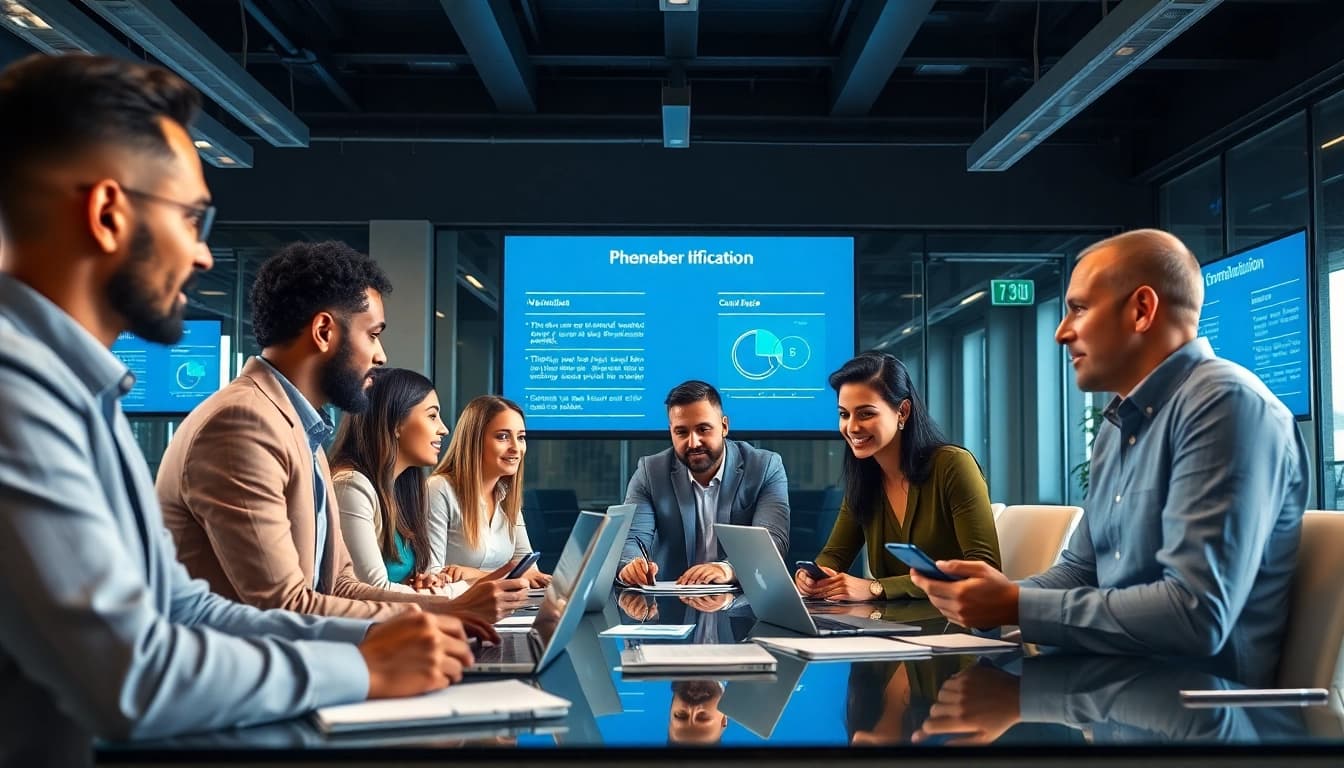 Professionals discussing phone number verification processes in a modern office.