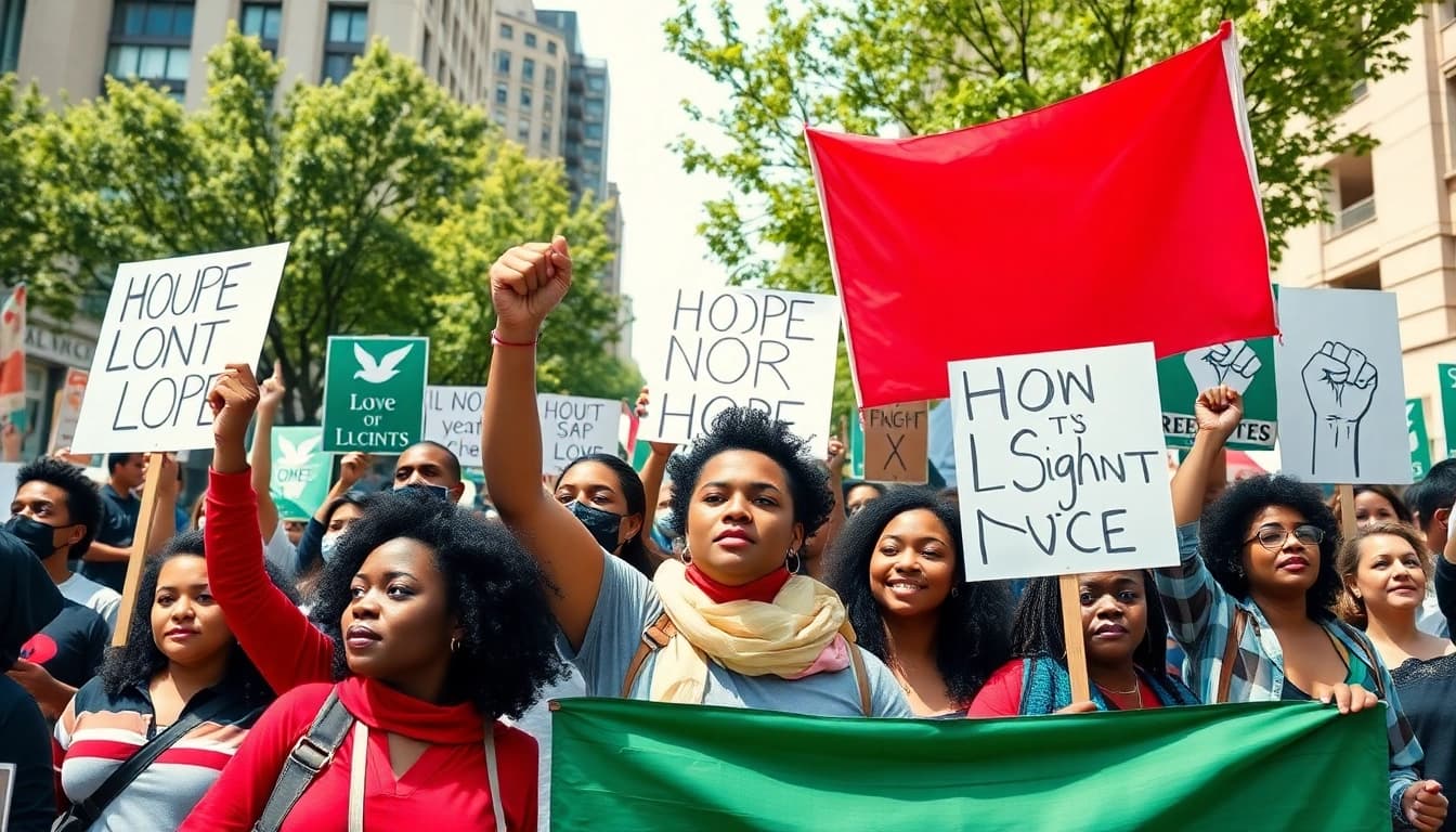 Human Rights activists passionately advocating for social justice during a spirited city protest.