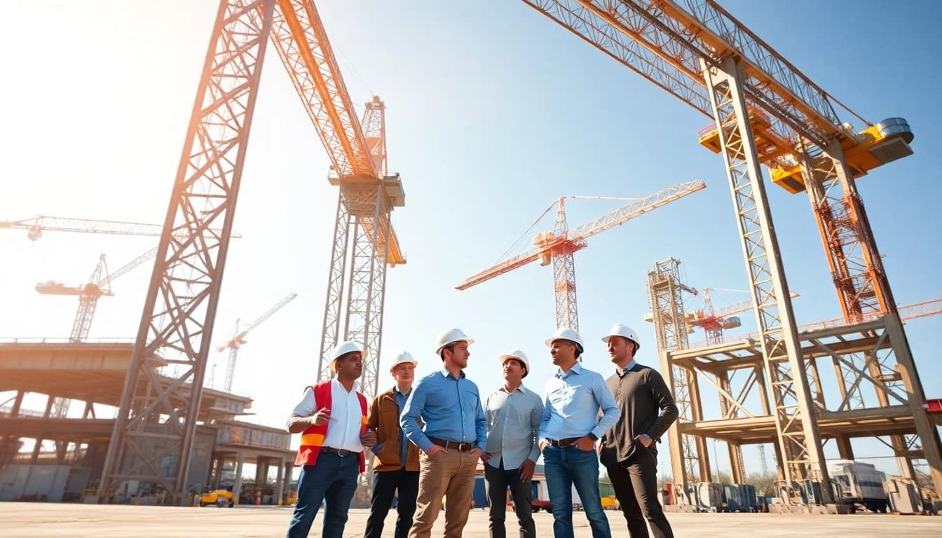 Inspecting structural steel construction site with cranes and engineers collaborating.