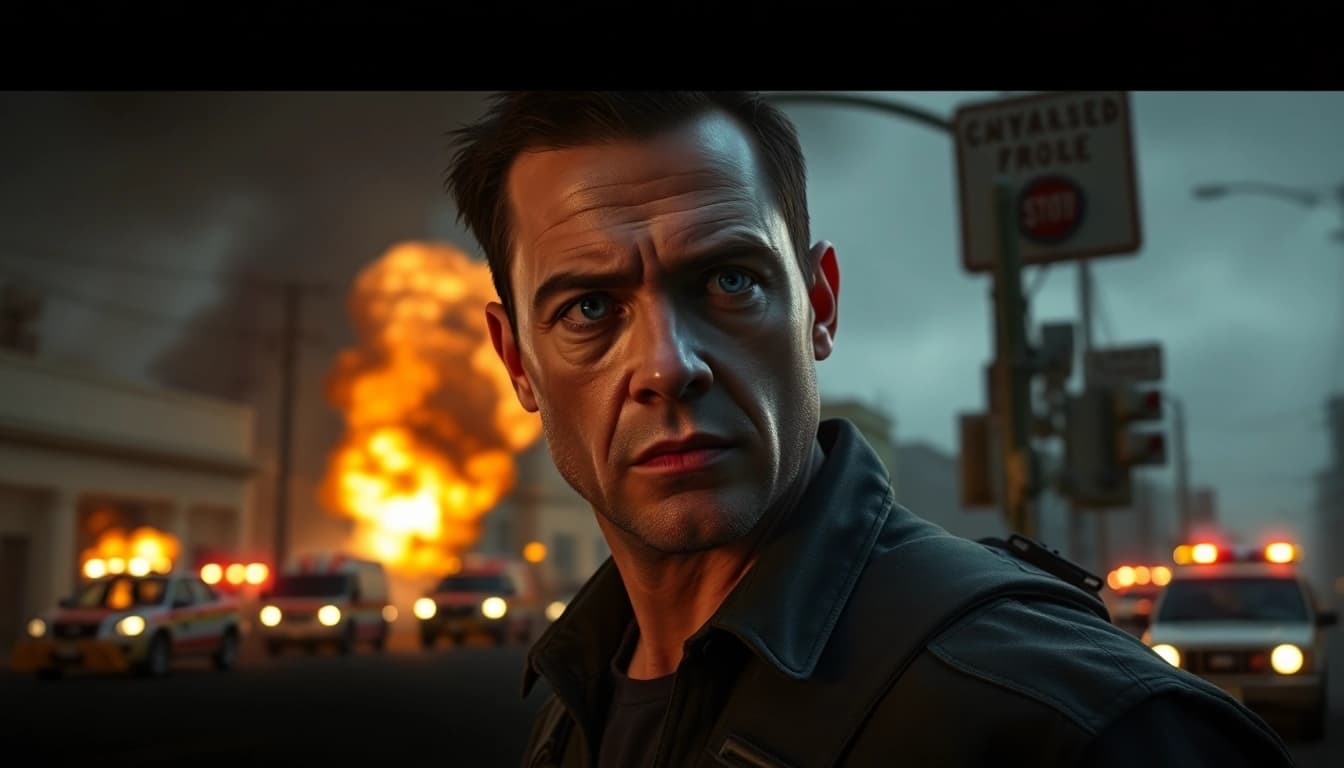 Action-packed moment from Bayside Boom showcasing the protagonist facing chaos in the Bay Area.