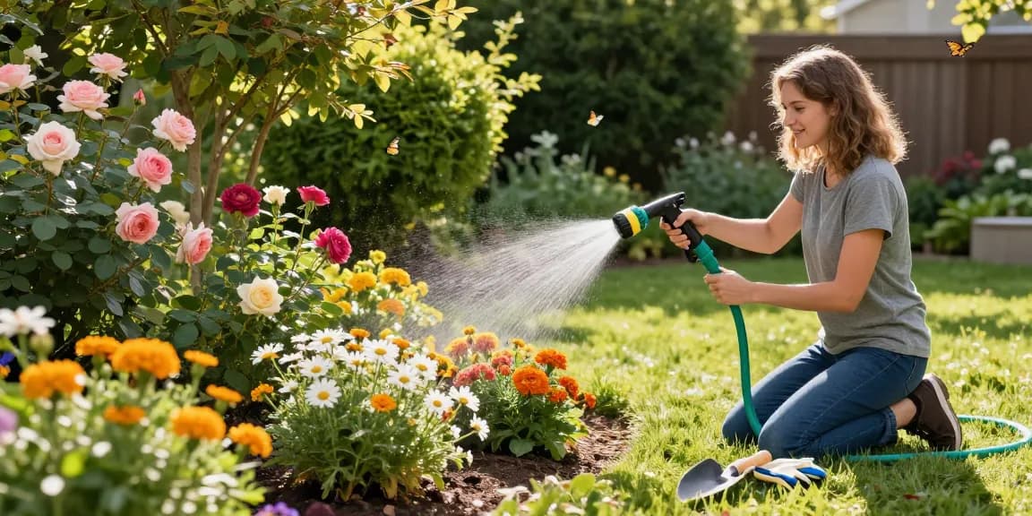 Bright garden scene with best hose nozzle watering colorful flower beds for efficient gardening.