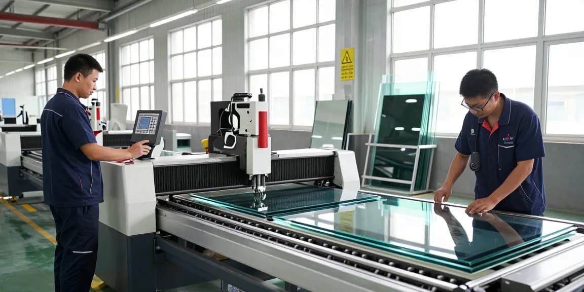 CNC cutting machine glass technology in an industrial setting featuring technicians operating advanced glass processing equipment.
