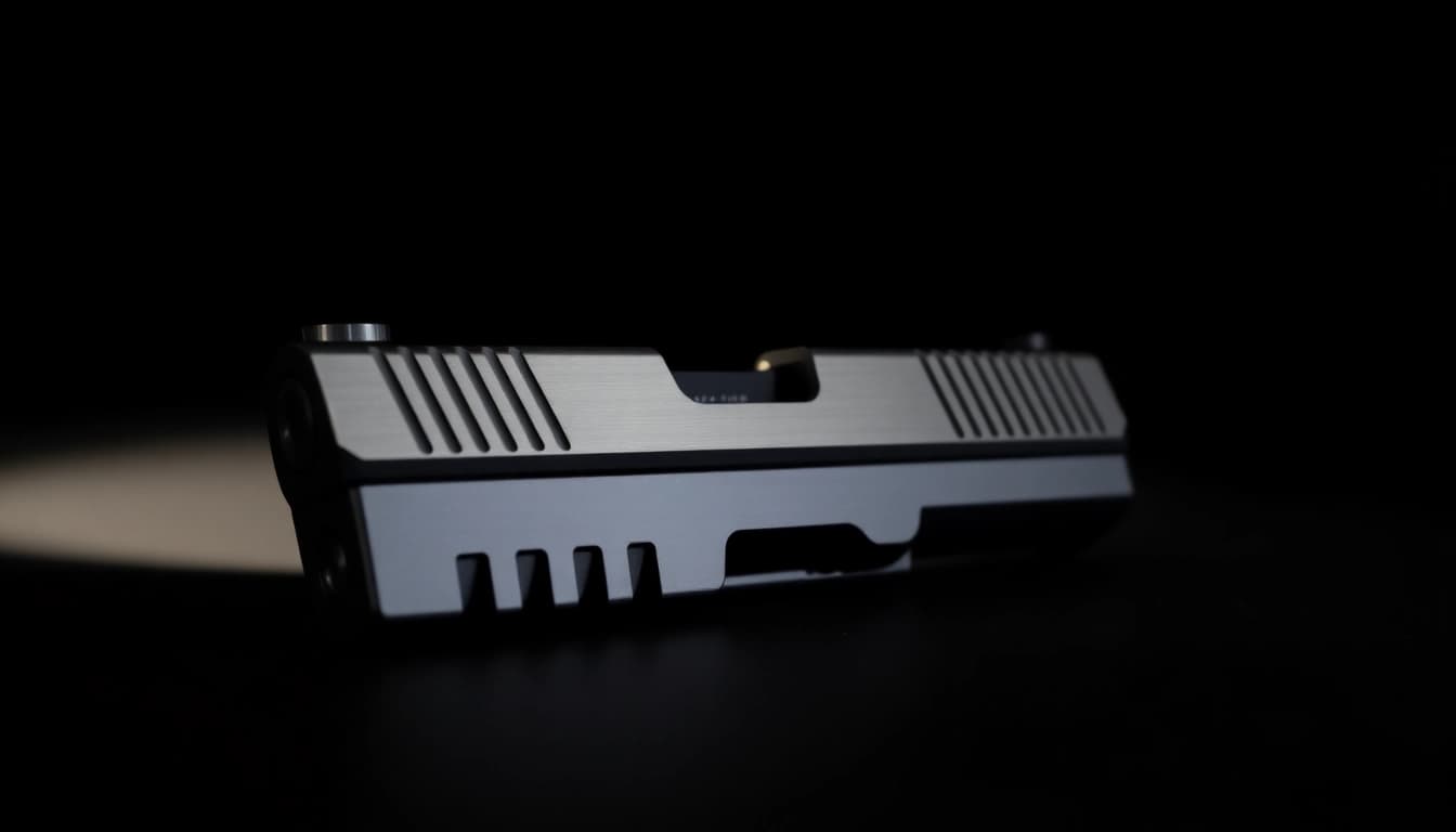 Showcase of a glock 19 slide, highlighting precision engineering features and metallic finish.