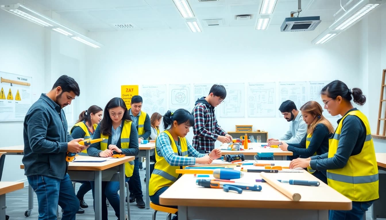 Students learning at construction trade schools in Texas, hands-on training in a bright environment.