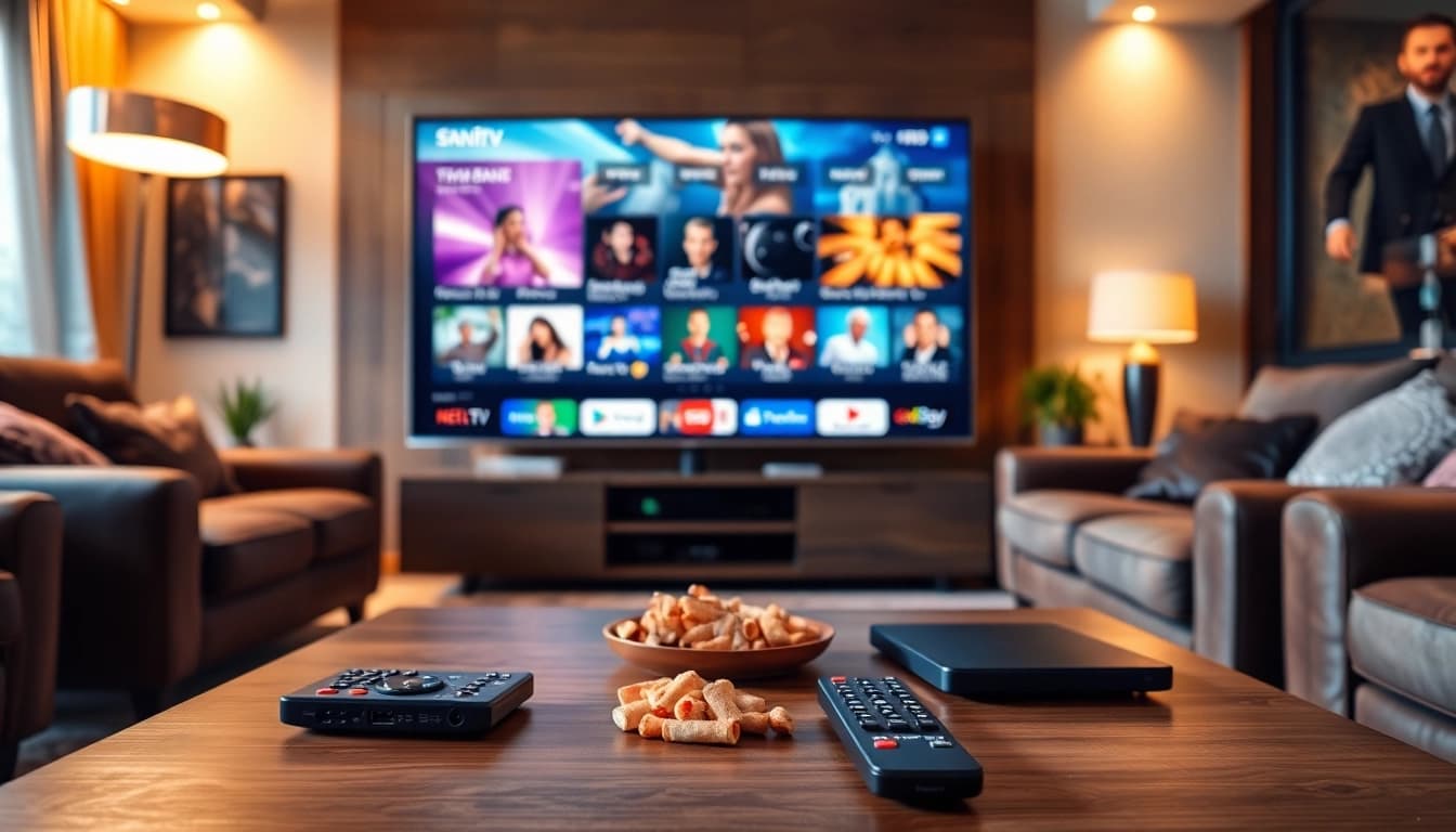 View of a stylish living room with the iron iptv interface displayed on a modern TV.