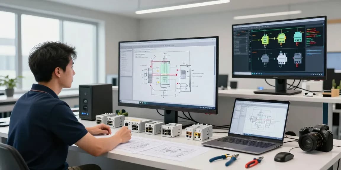 Engineers designing IEC connectors in an innovative workspace with digital displays.