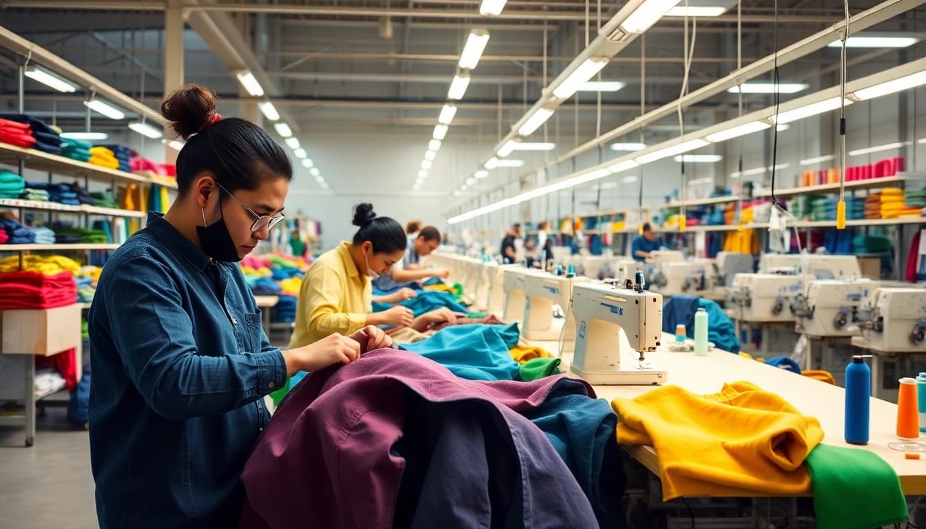 Engaging production line of private label clothing manufacturers creating high-quality garments.