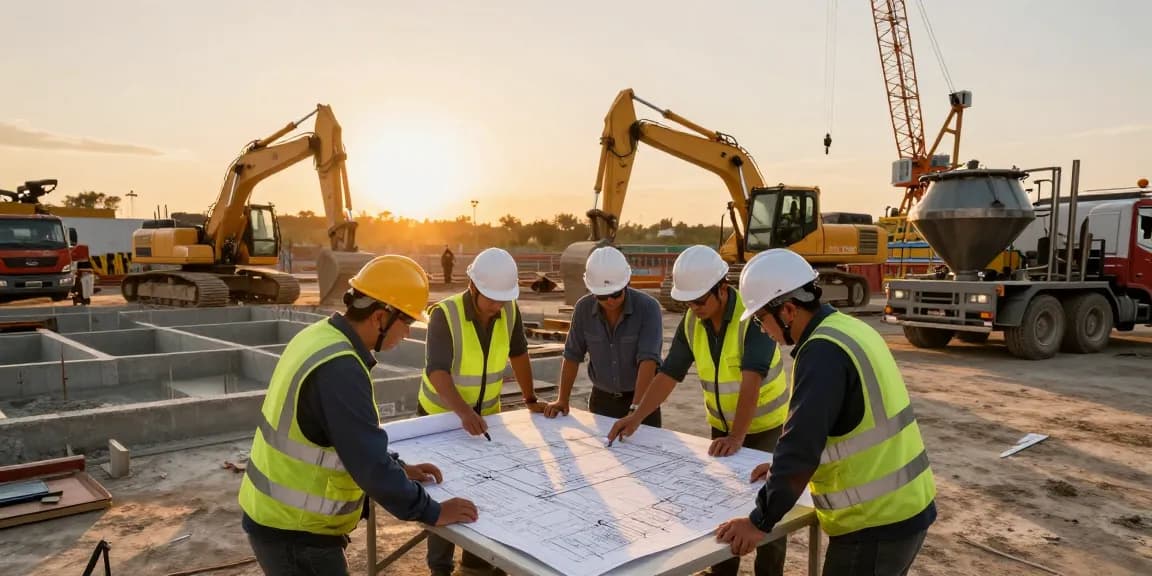 Engineers discussing plans with NAGA2000 project blueprints on a busy construction site.