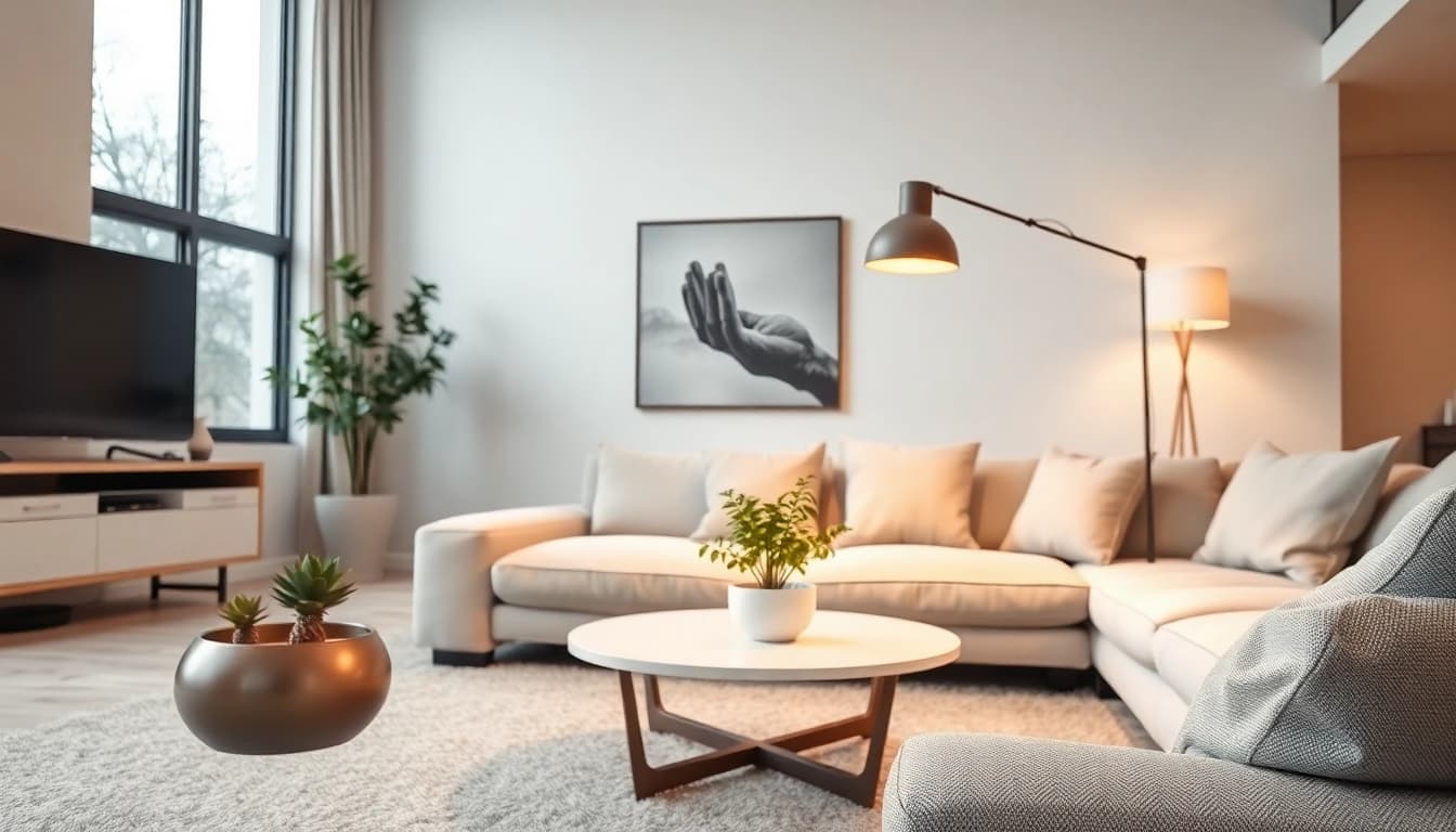 Sleek illumination highlighting a modern living room's elegant design and warm ambiance.