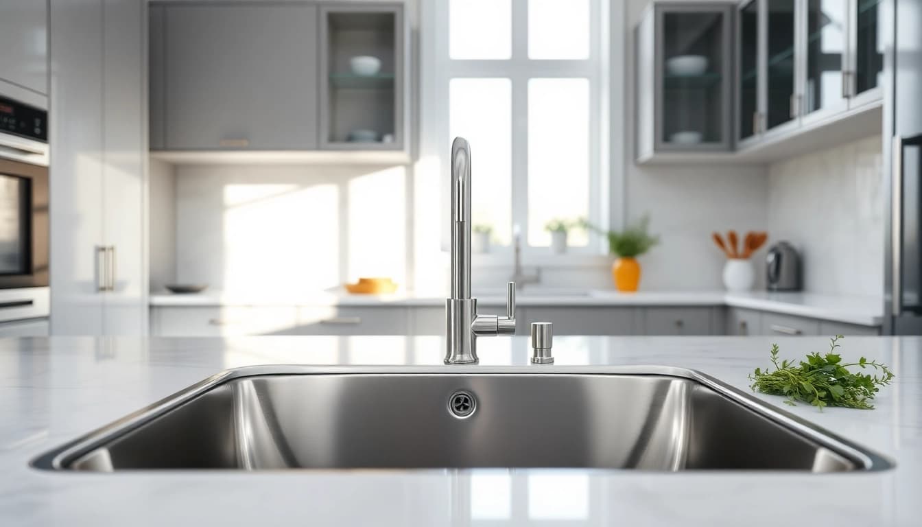 Stainless steel kitchen sink near me enhances a modern kitchen's elegant and practical design.