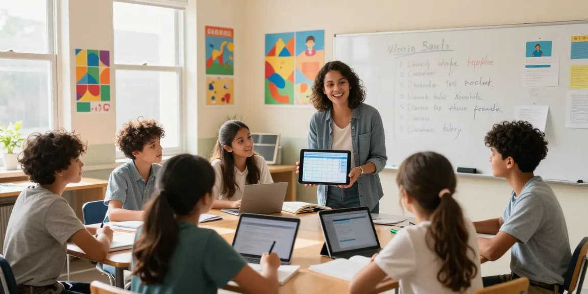 Teacher using EMStudio online planner in vibrant classroom, engaging diverse students in learning, highlighting classroom management.