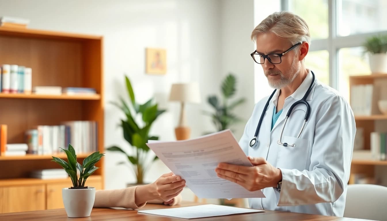 Evaluate health records with a caring approach in a bright office setting.