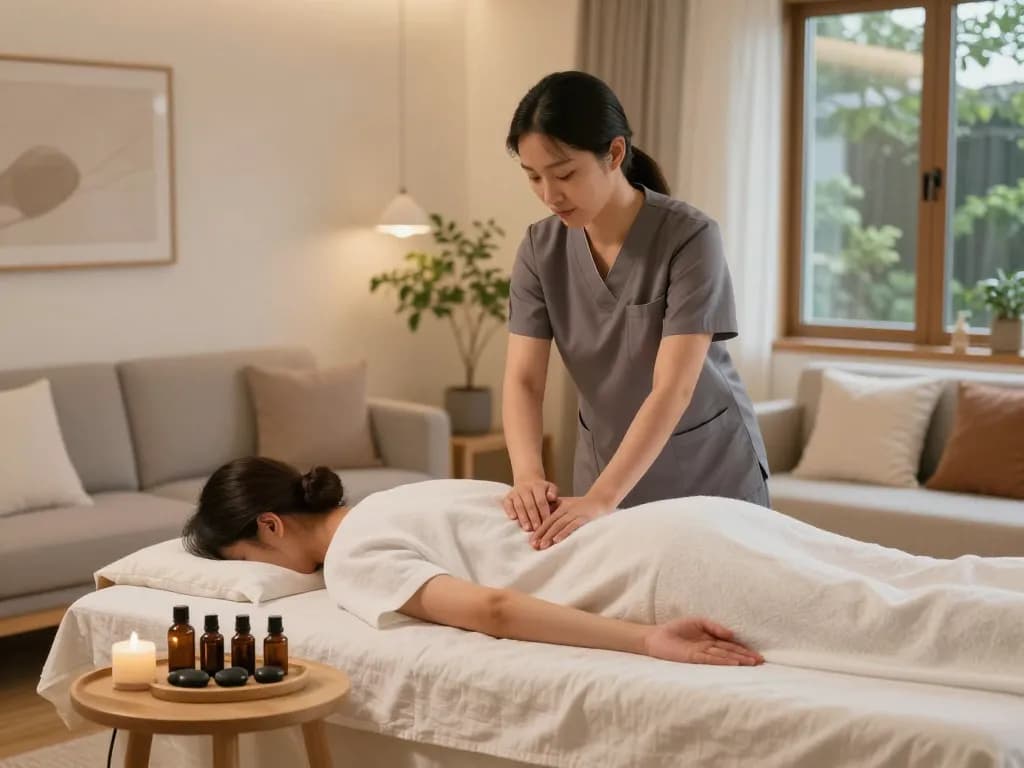 서울출장마사지 in a cozy home setting with a professional therapist providing a soothing massage to promote relaxation.