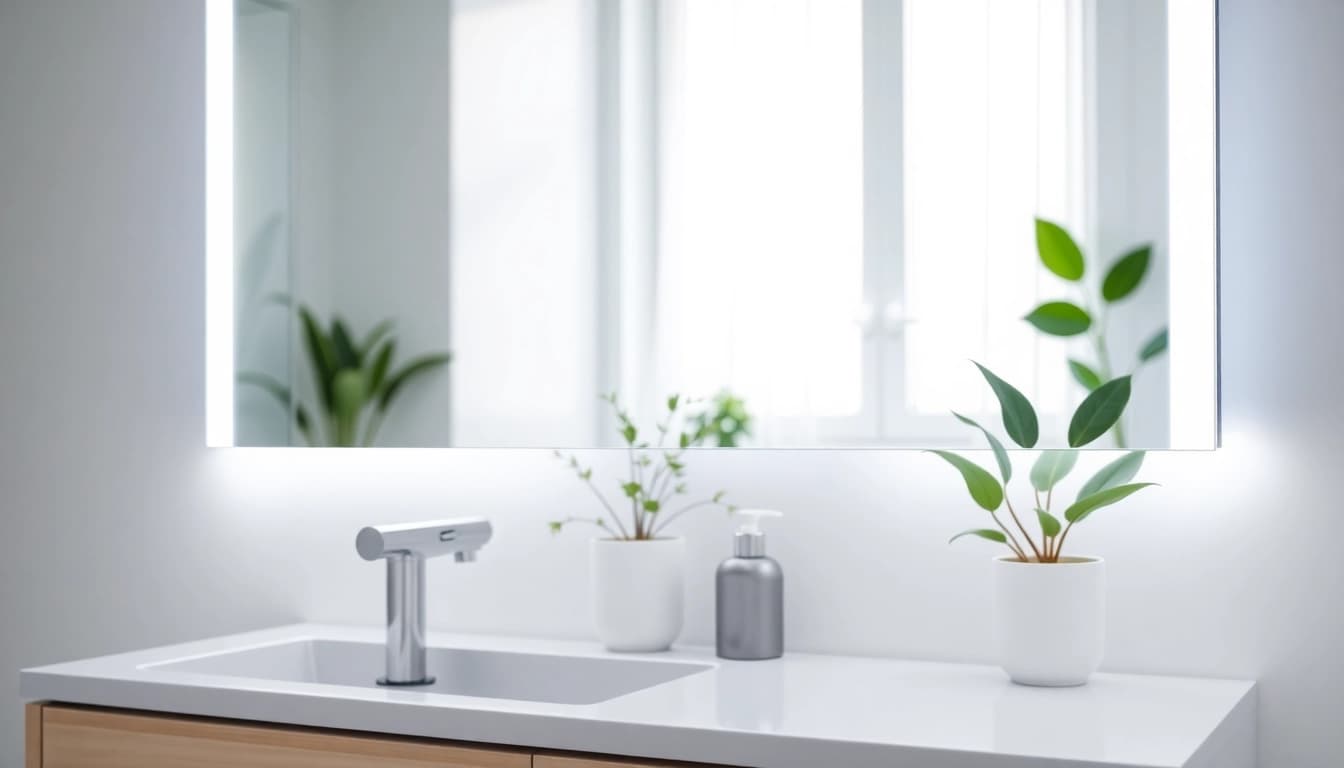 A beautifully designed mirror with lights enhancing a modern bathroom decor.