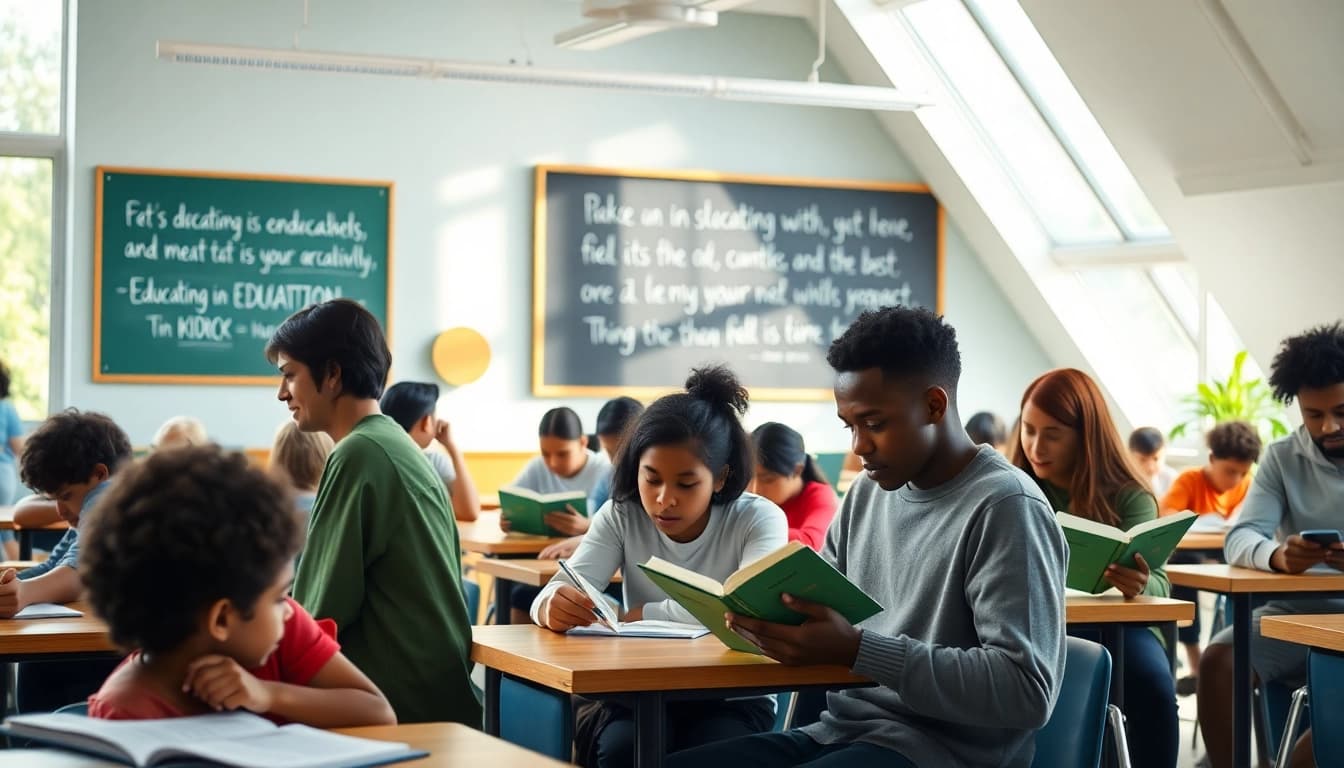Engaging classroom scene emphasizing innovative education principles advocated by Dr. Matthew Lynch.