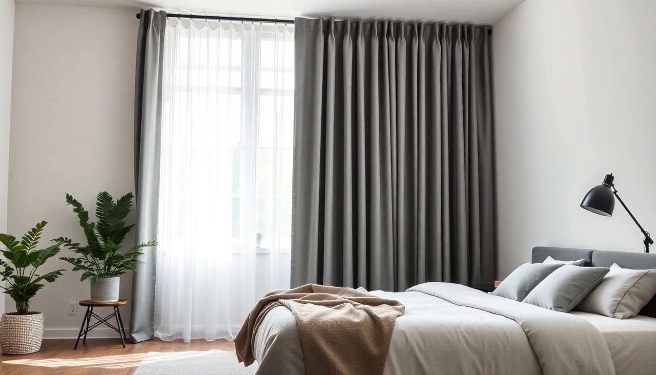 Verduisterende gordijnen accentueren een stijlvolle slaapkamer als luxe decoratie.