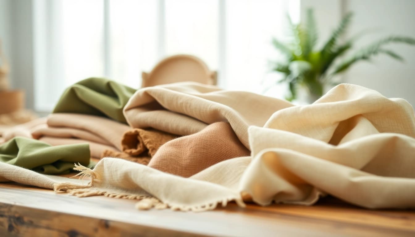 Duurzame stoffen assortiment met organisch katoen en hennep, zorgvuldig gepresenteerd op een houten tafel.