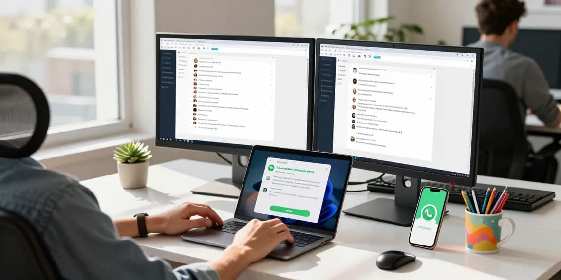 A user engaging with WhatsApp電腦版 on a modern desktop setup, showcasing productivity in a vibrant office environment.