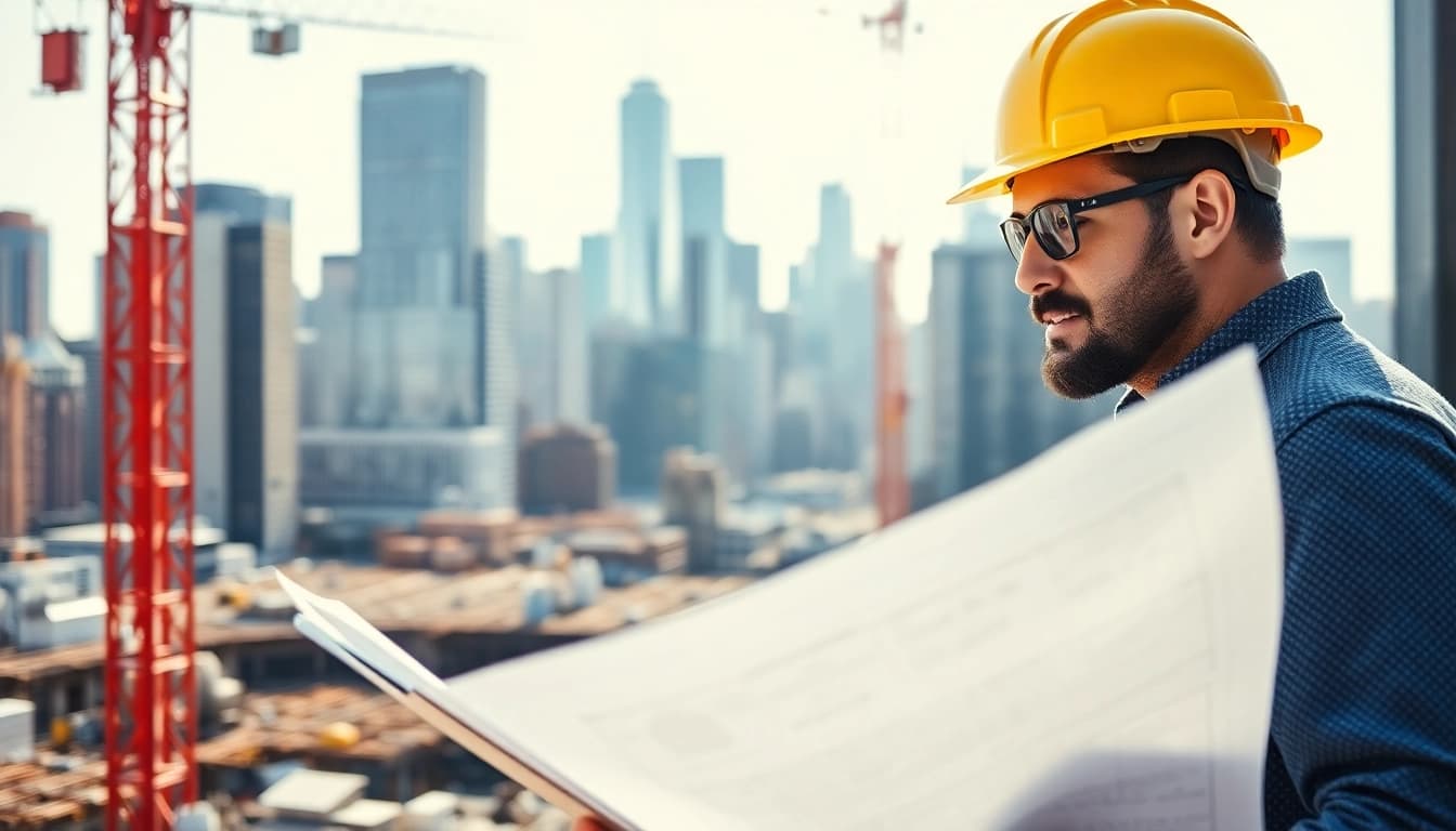New York Construction Manager reviewing plans on a construction site in Manhattan.