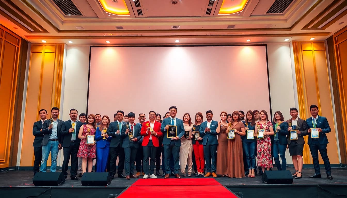 A diverse group of winners celebrating during the construction awards ceremony.