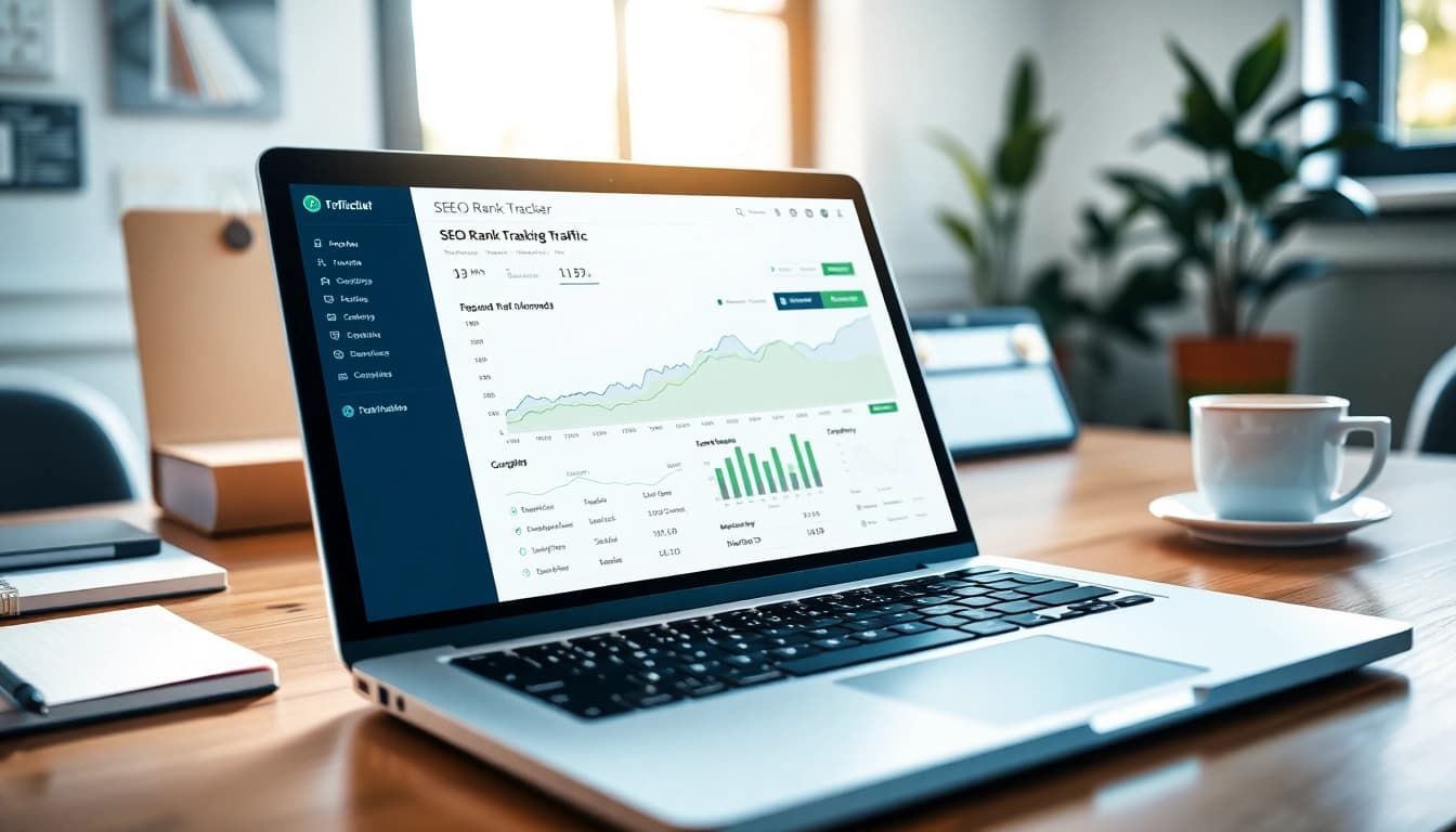 Analyze SEO Rank Tracker metrics on a modern desk with a laptop display.