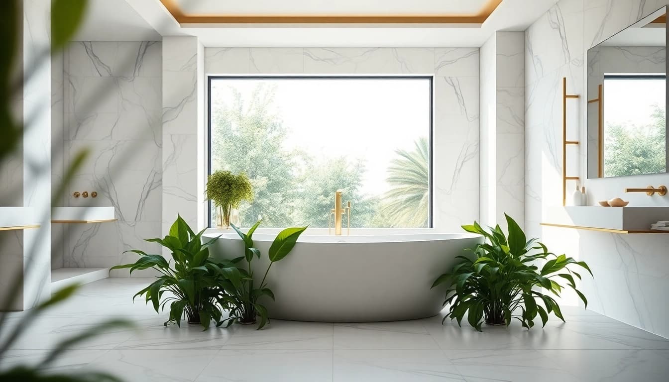 Transform your space with elegant bathrooms featuring a freestanding tub surrounded by nature.