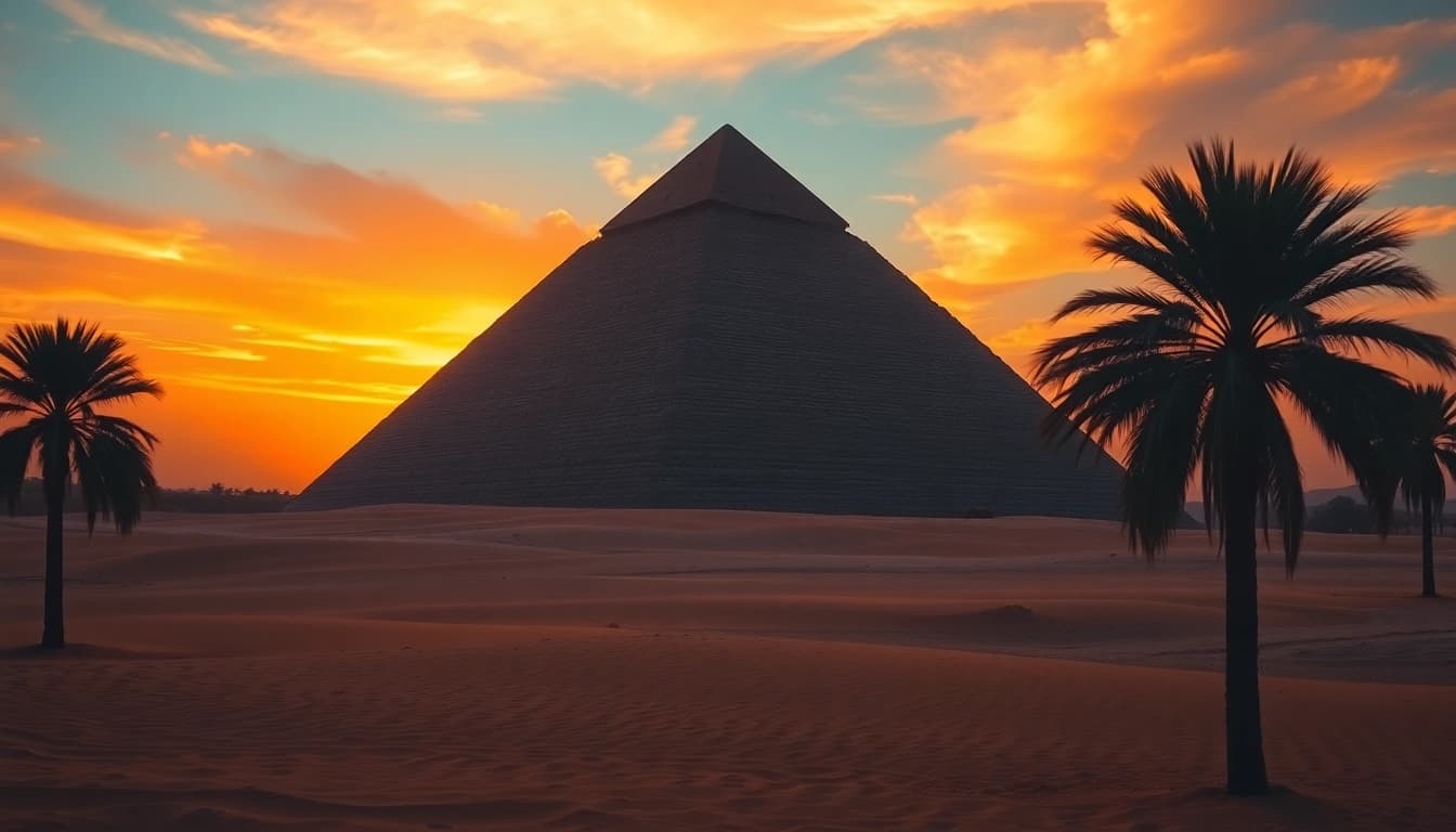 Explore the majestic piraminds of Giza silhouetted against a vibrant sunset.