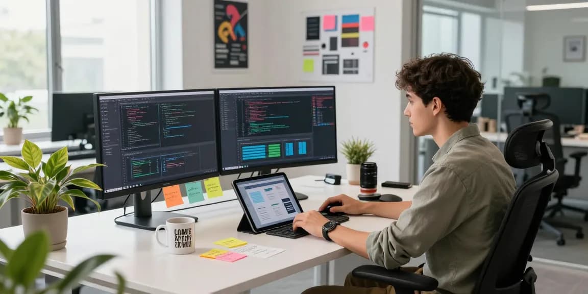 Developer using an ai prompt image generator in a vibrant tech workspace.