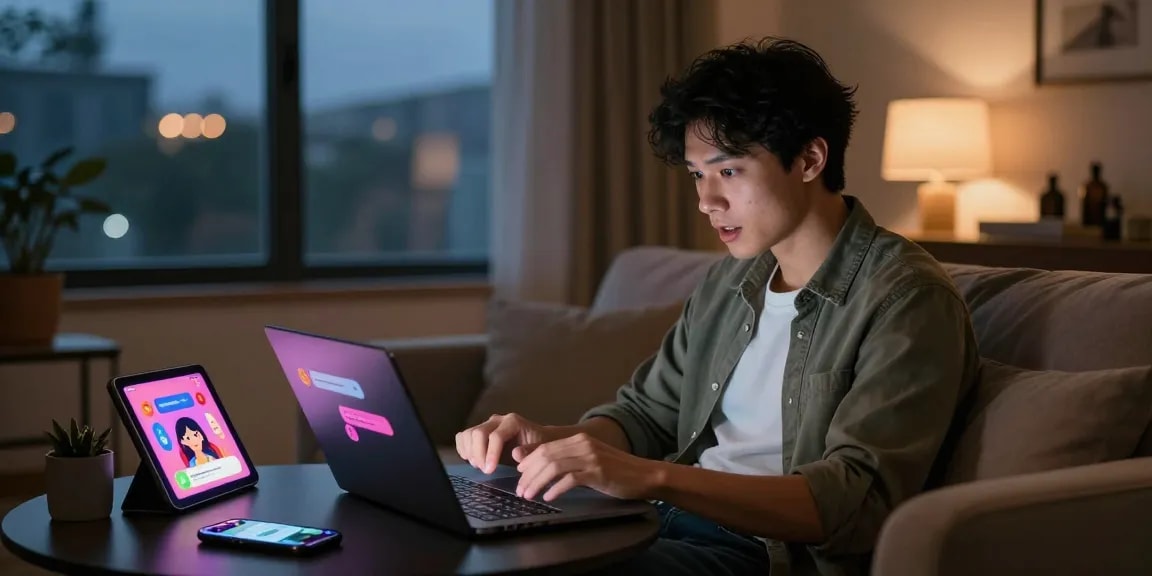 Young adult engaging in an exciting nsfw chat ai experience on a laptop, surrounded by a cozy and modern setup.
