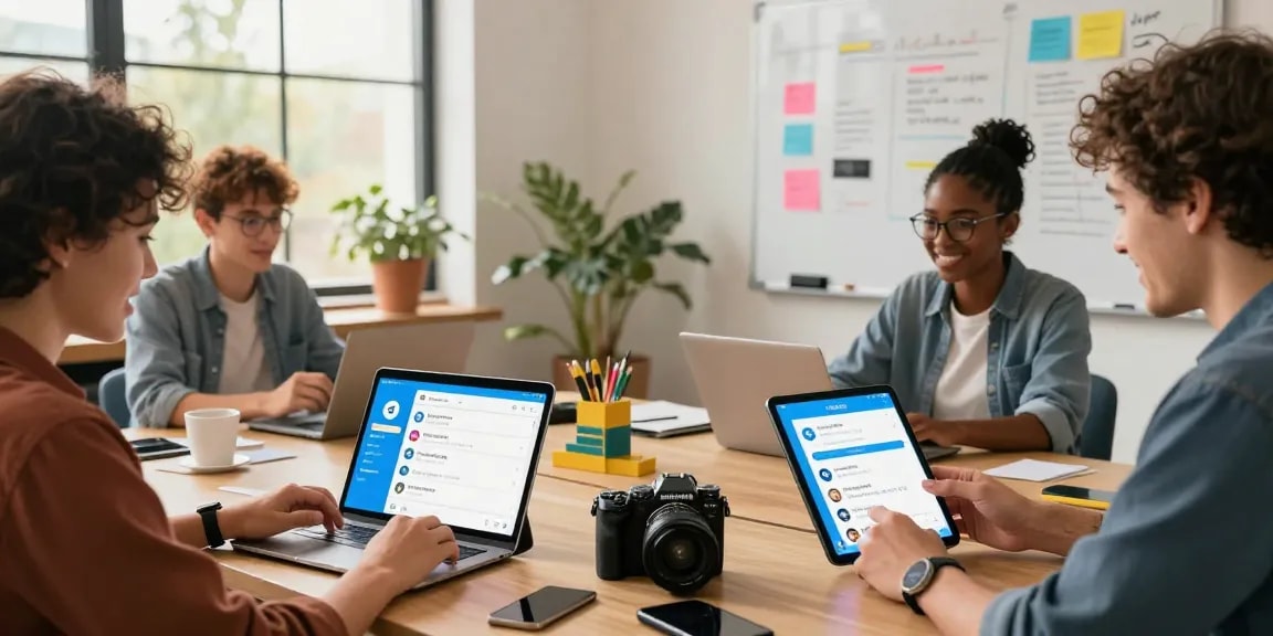 Engaging scene of users customizing telegram中文 settings on various devices in a modern co-working space.