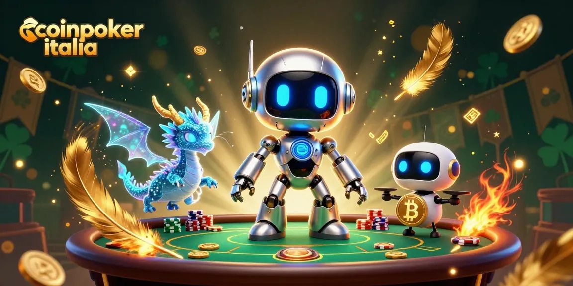 Giocare a poker su coinpoker italia con robot cyberpunk e un drago olografico in un ambiente vivace e sicuro