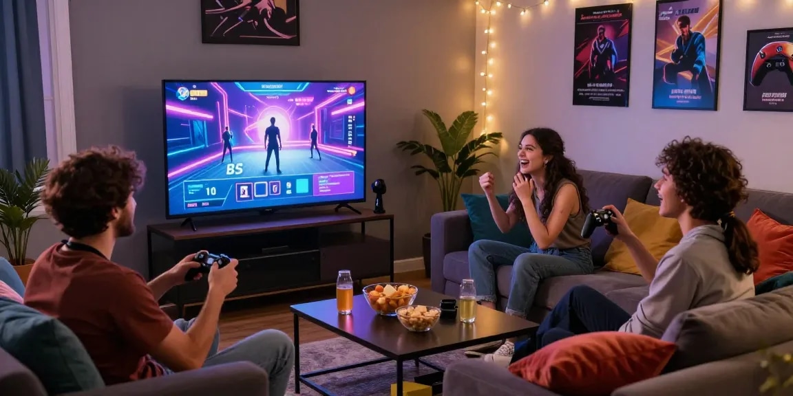 Group enjoying sex game session in a cozy living room setting.