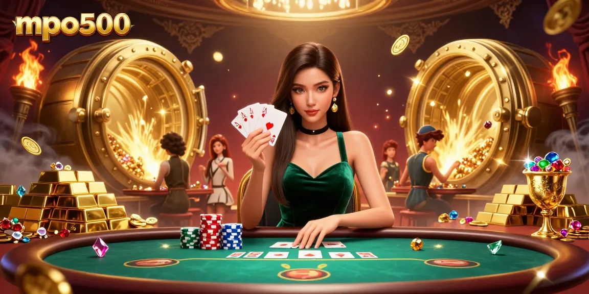 Play poker with mpo500 at an elegant casino setting featuring a beautiful Asian dealer.