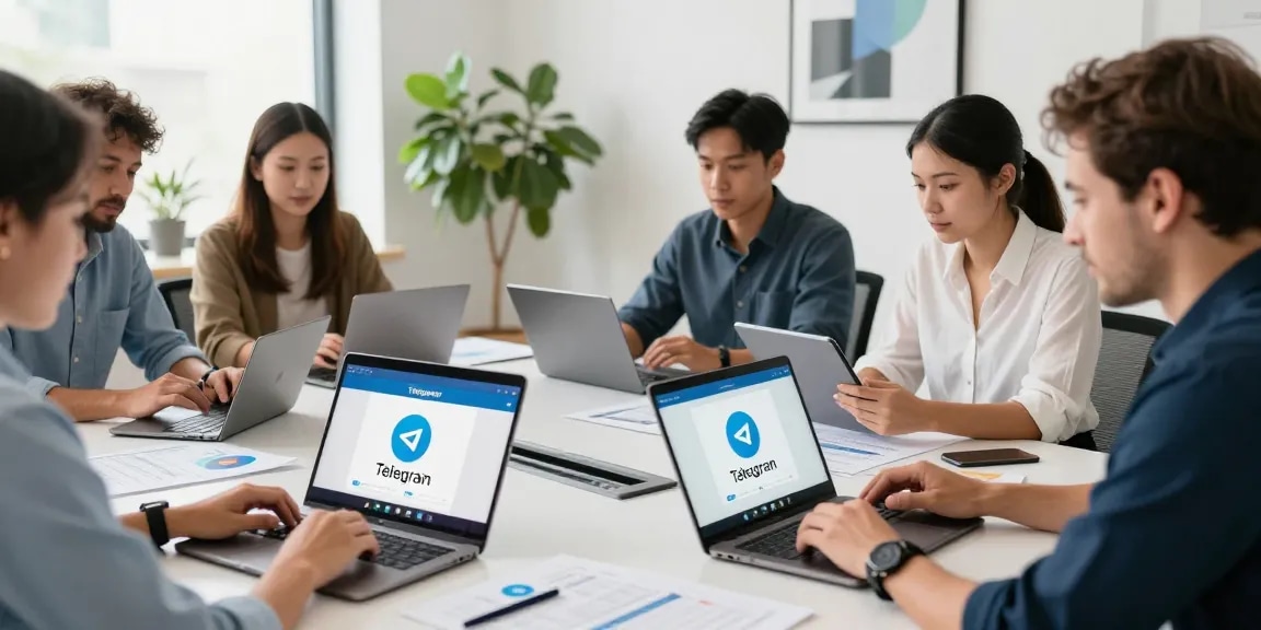 Professionals collaborating on Telegram中文 in a vibrant office setting, showcasing dynamic digital communication.