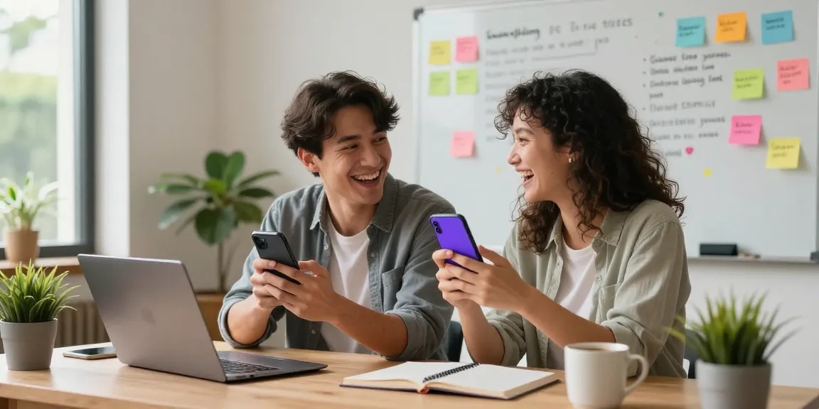Couple using sexting AI app in a cozy home office setting