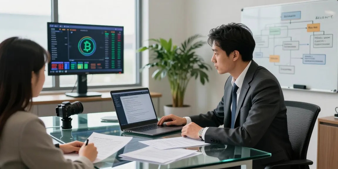Consultant assisting clients to recover stolen cryptocurrency in a professional office.