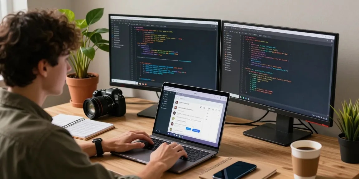 Developer coding in a modern workspace for 纸飞机中文版 app, showcasing productivity and innovation.