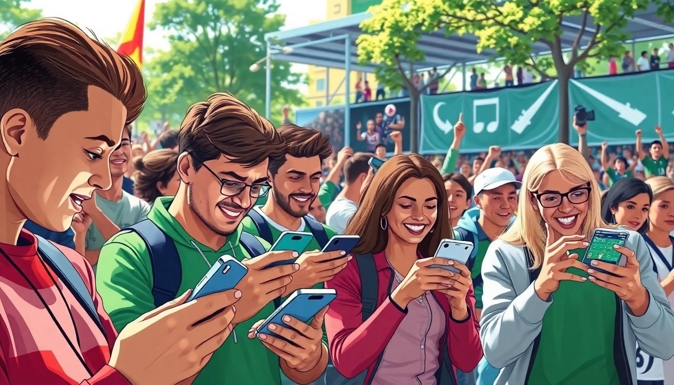 Engaging individuals using best sports betting sites India on mobile devices in a lively sports setting.