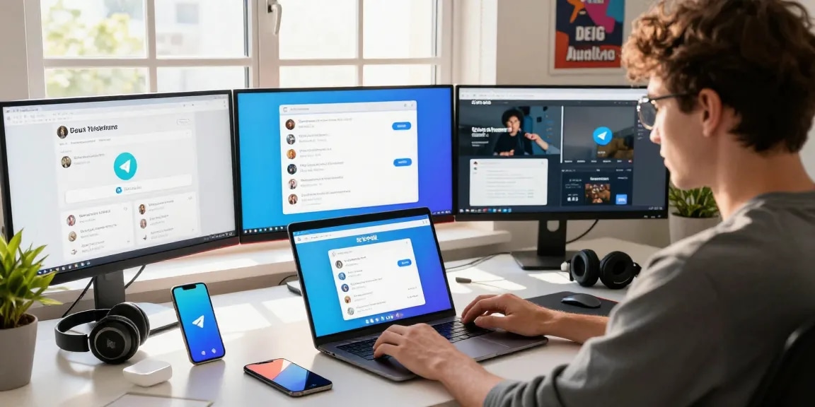 Young professional using the 纸飞机中文版 Telegram app in a modern tech workspace, showcasing productivity with multiple screens.